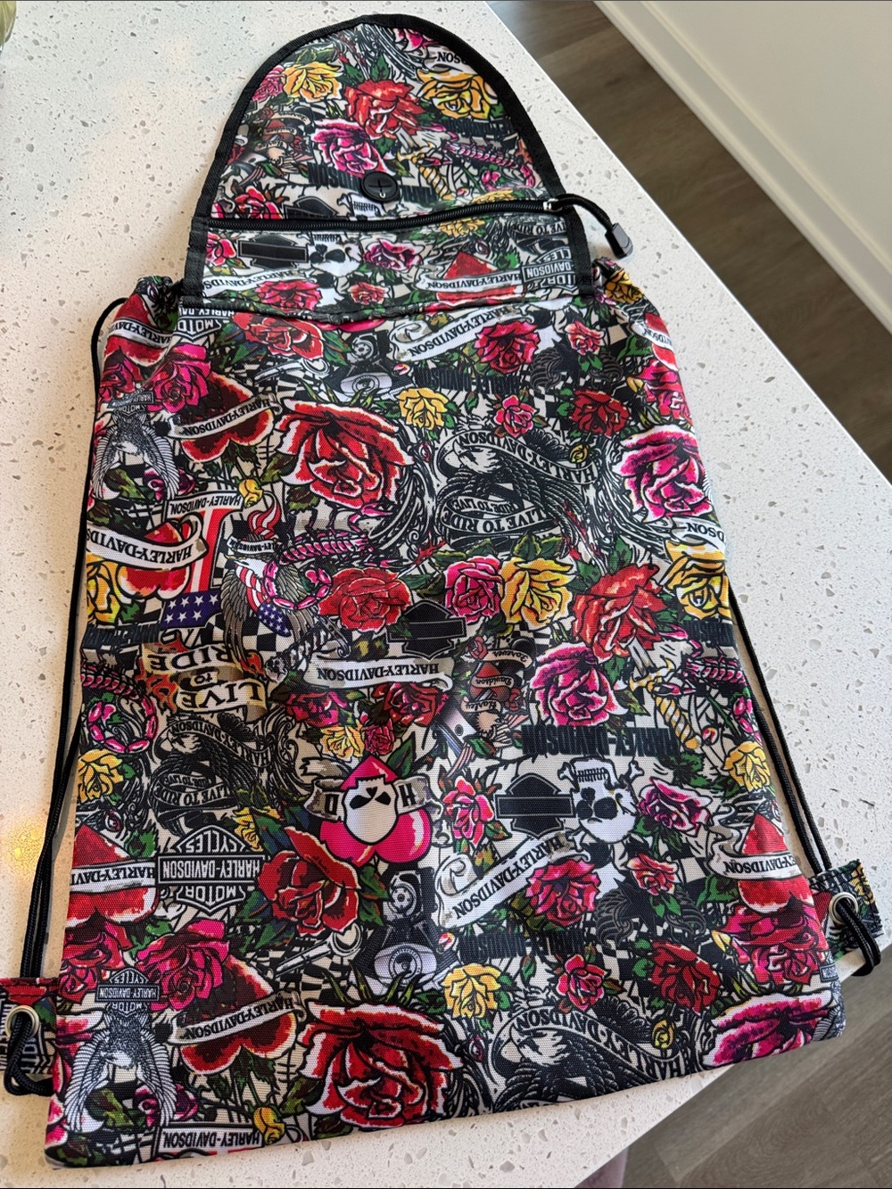 Harley-Davidson Black Floral Drawstring Backpack, New! - Picture 6 of 6